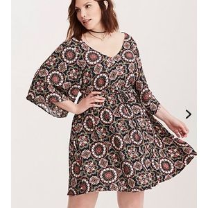 Medallion Print Lattice Back Challis Dress